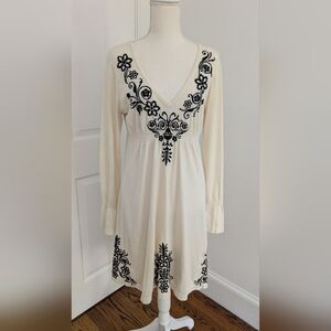 Johnny Was LA Bohemian Embroidered V Neck Cotton Dress, Cream & Black, Size L